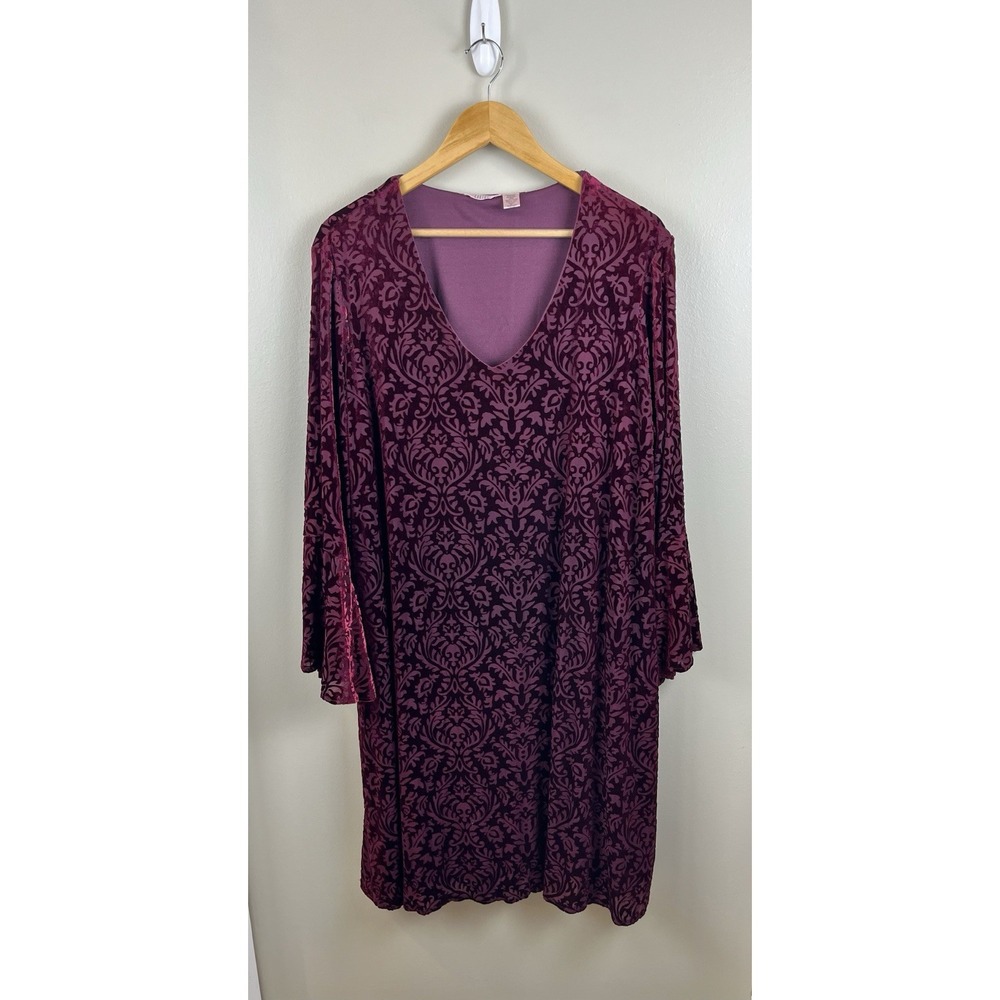 Kaktus Women's Plus Sz 3X Dress Bell Sleeves Red Burgundy Velvet Burnout Lined